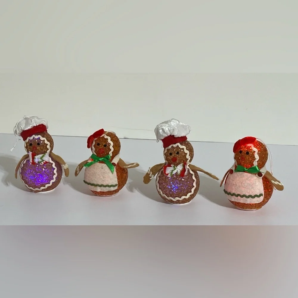 Color Changing Set of 4 Plastic Popcorn Gingerbread Men Women Christmas Ornament